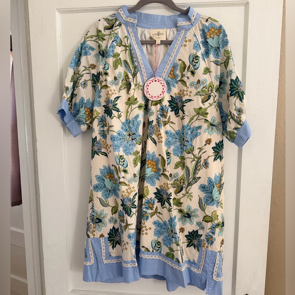Umgee Cream Dress with Blue and Green Floral Print
